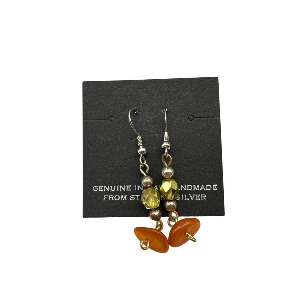 Genuine Indian Handmade Sterling Silver coral Dangle Earrings Carnelian Beaded